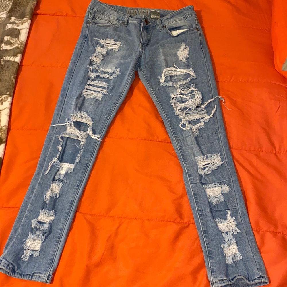 Light Wash Distressed Denim Jeans with Paneling